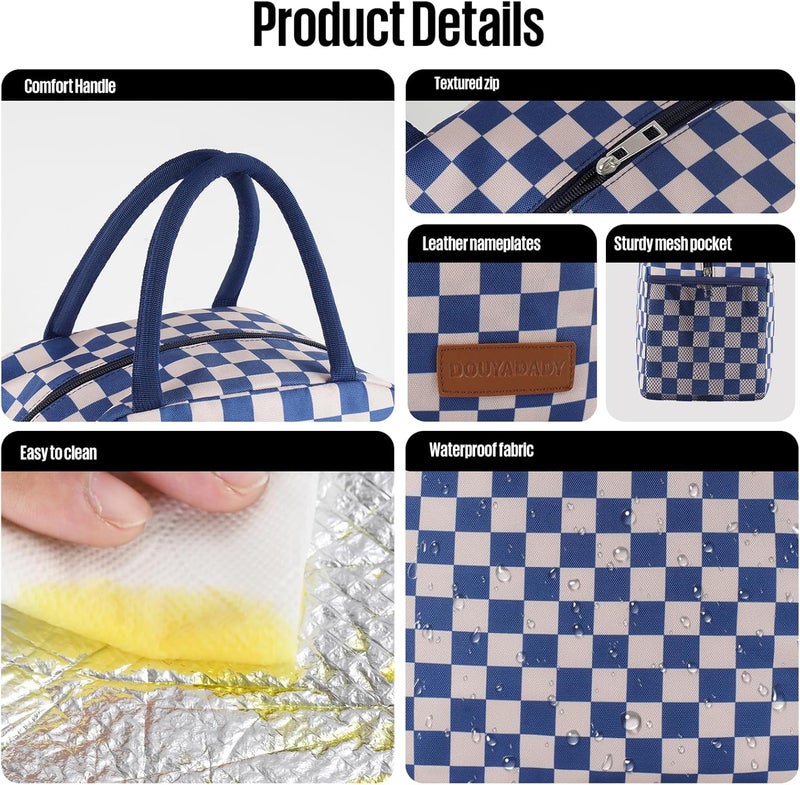 douyadady Lunch Bag Women/Men Lunch Box Women/Men (Blue+Beige Checkerboard) - Image 4